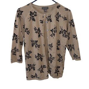 Mendocino Beige & Black Floral Cardigan Sweater Large Merino Wool